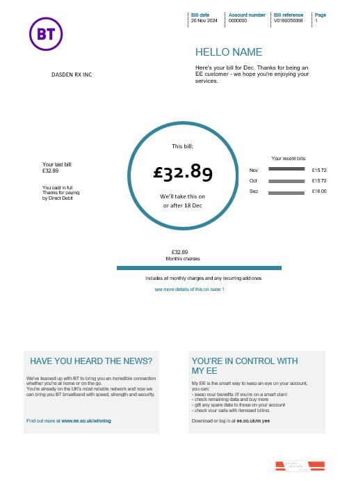 United Kingdom BT telecommunications business utility bill template PSD template